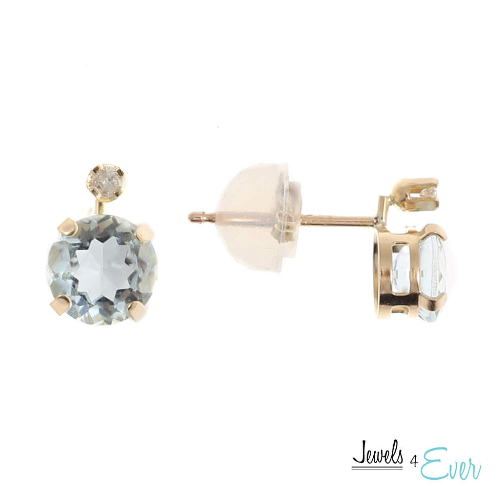 10K Gold Genuine Aquamarine & Diamond Stud Earring
